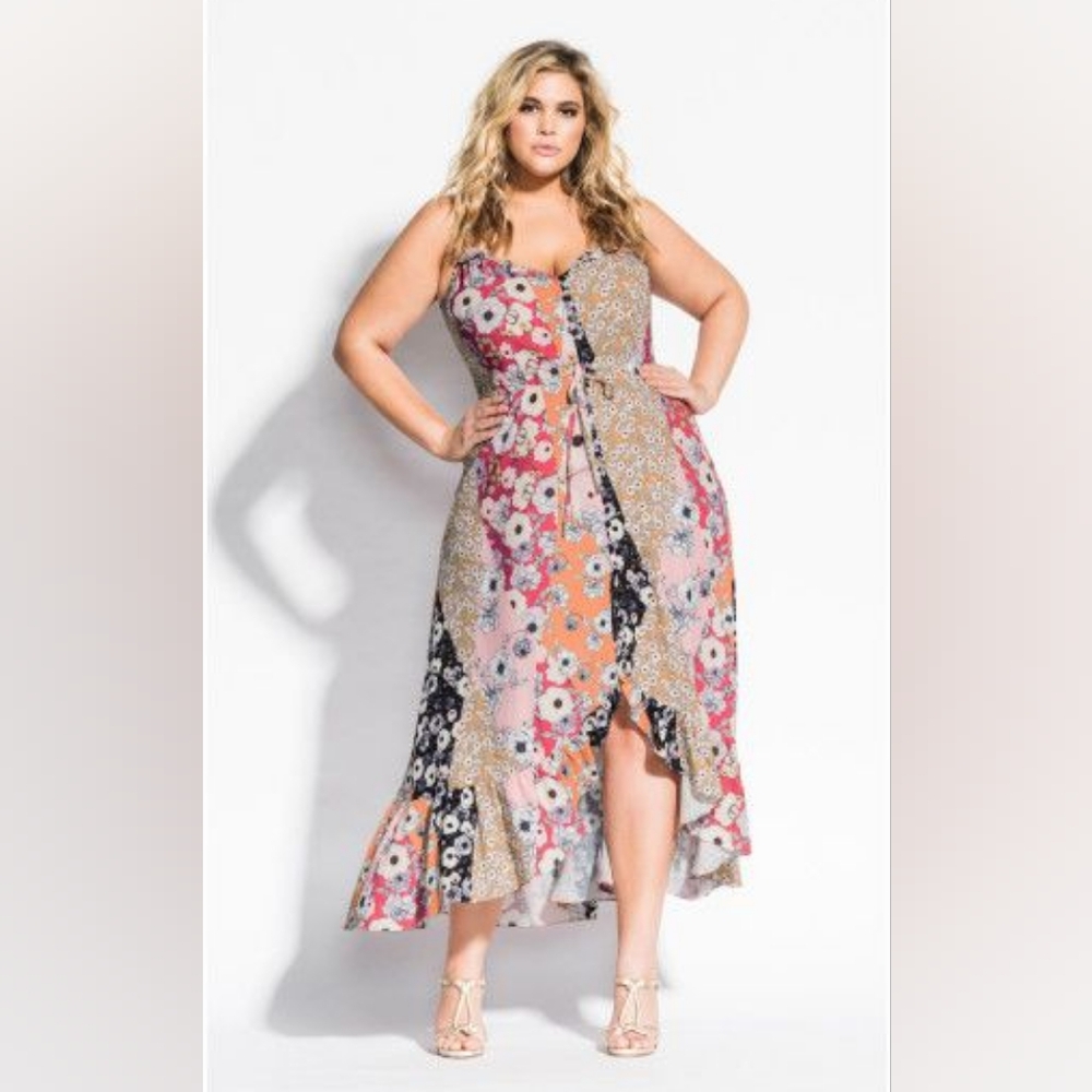 City Chic | Lively Print Dress with Tie Waist and Hi-lo Hem